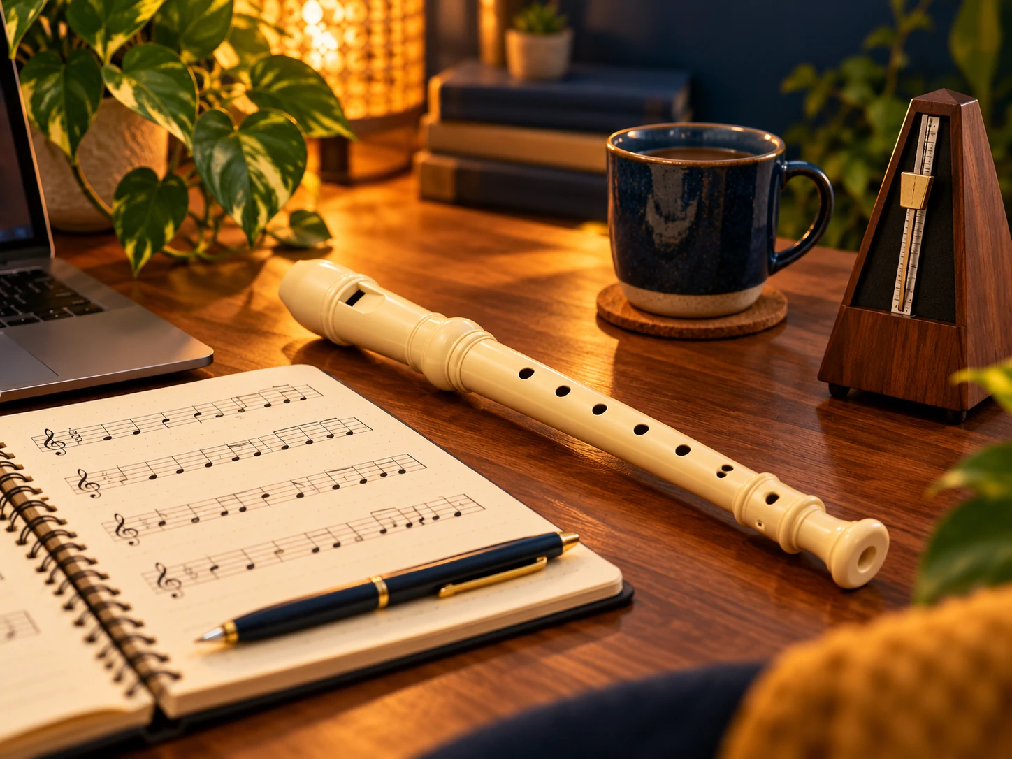 Mesa de estudos com flauta doce, caderno, caneta e metrônomo