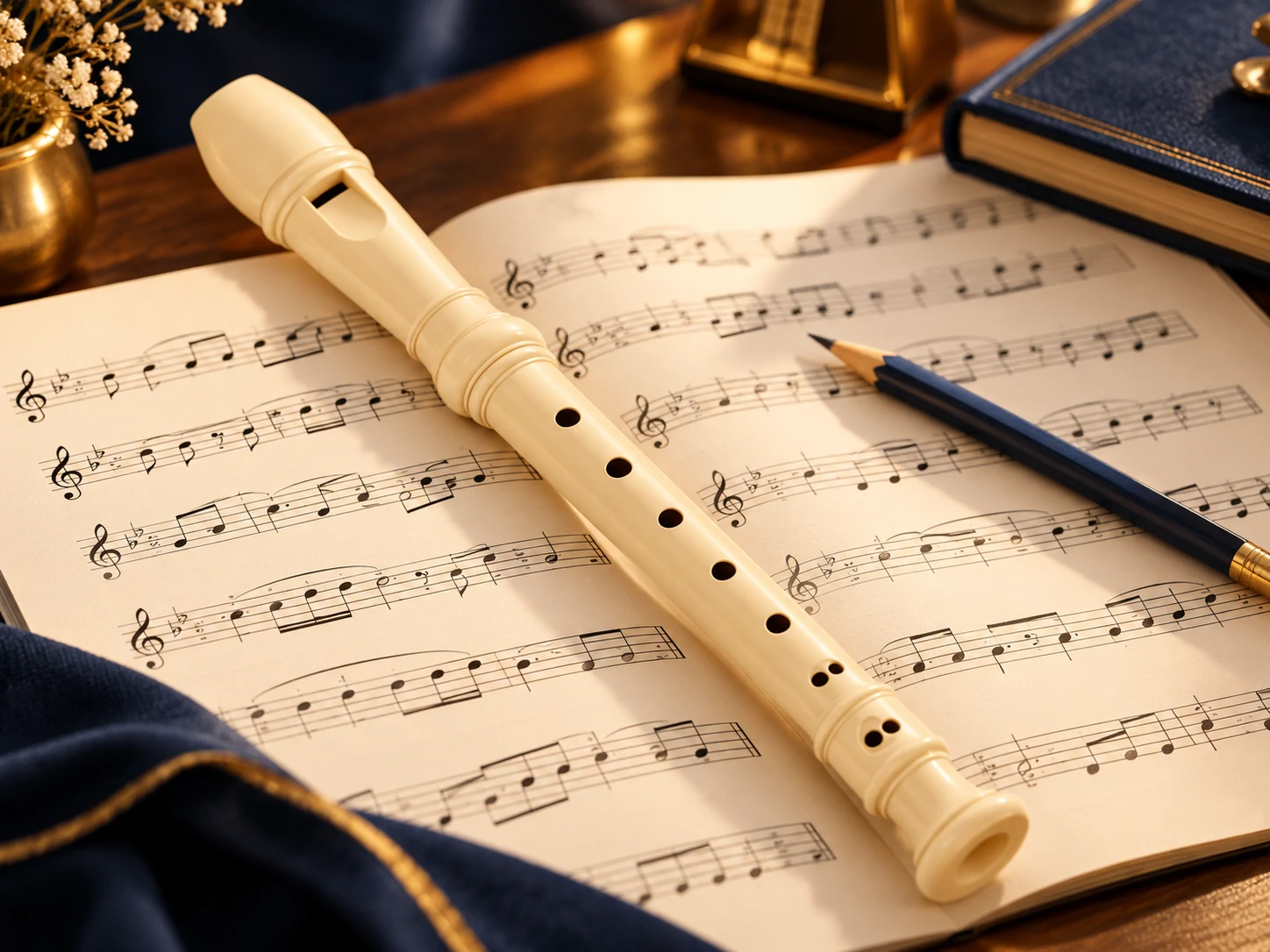 Partitura musical e flauta doce sobre uma mesa